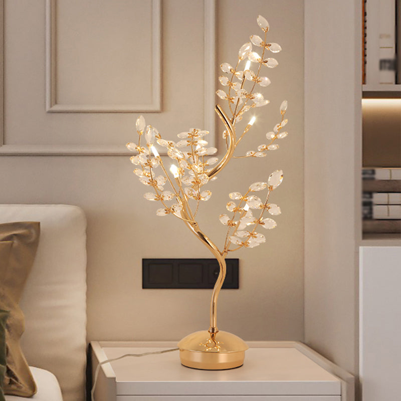 Leaf Sleeping Room Desk Light Cut Crystal 6-Bulb Contemporary Night Lamp with Tree Design in Gold Clearhalo 'Lamps' 'Table Lamps' Lighting' 1907699