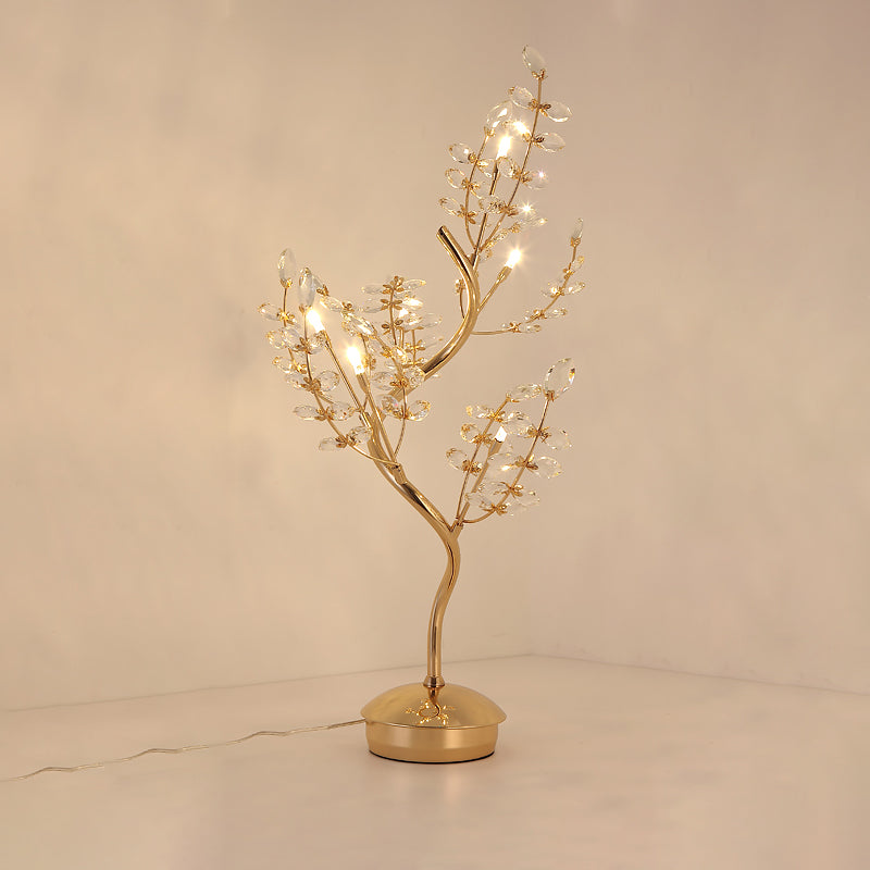 Leaf Sleeping Room Desk Light Cut Crystal 6-Bulb Contemporary Night Lamp with Tree Design in Gold Clearhalo 'Lamps' 'Table Lamps' Lighting' 1907700