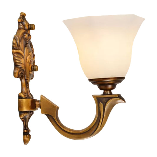 1-Light Sconce Light Fixture Rustic Bedroom Wall Lamp with Hexagonal Bell Frosted Glass Shade in Brass Clearhalo 'Wall Lamps & Sconces' 'Wall Lights' Lighting' 1907705