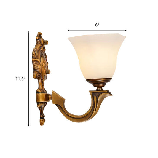1-Light Sconce Light Fixture Rustic Bedroom Wall Lamp with Hexagonal Bell Frosted Glass Shade in Brass Clearhalo 'Wall Lamps & Sconces' 'Wall Lights' Lighting' 1907706