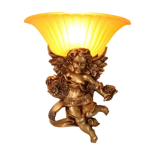 1-Light Surface Wall Sconce Rural Bedroom Resin Angel Wall Lamp with Half-Bell Frosted Glass Shade in Gold Clearhalo 'Wall Lamps & Sconces' 'Wall Lights' Lighting' 1907713