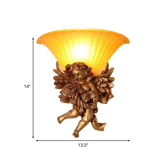 1-Light Surface Wall Sconce Rural Bedroom Resin Angel Wall Lamp with Half-Bell Frosted Glass Shade in Gold Clearhalo 'Wall Lamps & Sconces' 'Wall Lights' Lighting' 1907719