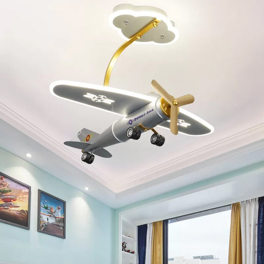 Cartoon Plane Semi Flush Light Metal Kids Bedroom LED Flush Mount with Cloud-Shape Canopy in Silver Silver Clearhalo 'Ceiling Lights' 'Close To Ceiling Lights' 'Close to ceiling' 'Semi-flushmount' Lighting' 1907728