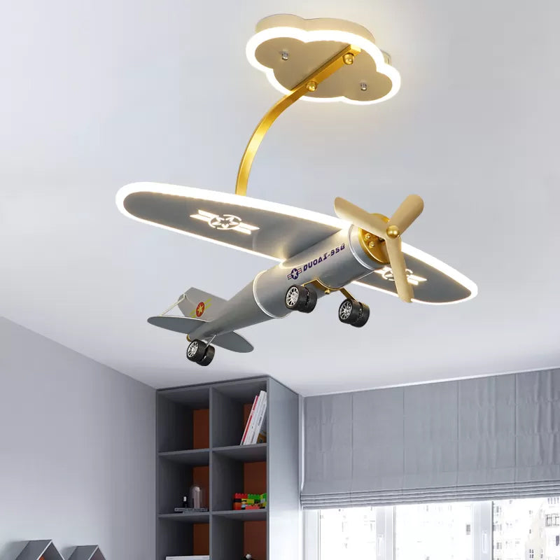 Cartoon Plane Semi Flush Light Metal Kids Bedroom LED Flush Mount with Cloud-Shape Canopy in Silver Clearhalo 'Ceiling Lights' 'Close To Ceiling Lights' 'Close to ceiling' 'Semi-flushmount' Lighting' 1907729