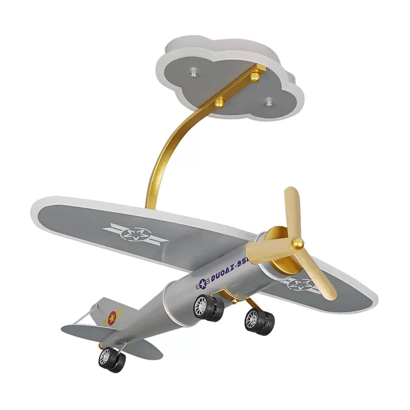 Cartoon Plane Semi Flush Light Metal Kids Bedroom LED Flush Mount with Cloud-Shape Canopy in Silver Clearhalo 'Ceiling Lights' 'Close To Ceiling Lights' 'Close to ceiling' 'Semi-flushmount' Lighting' 1907730