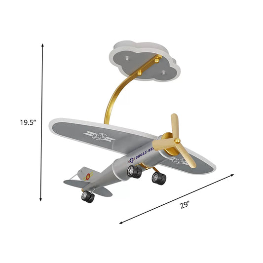 Cartoon Plane Semi Flush Light Metal Kids Bedroom LED Flush Mount with Cloud-Shape Canopy in Silver Clearhalo 'Ceiling Lights' 'Close To Ceiling Lights' 'Close to ceiling' 'Semi-flushmount' Lighting' 1907731