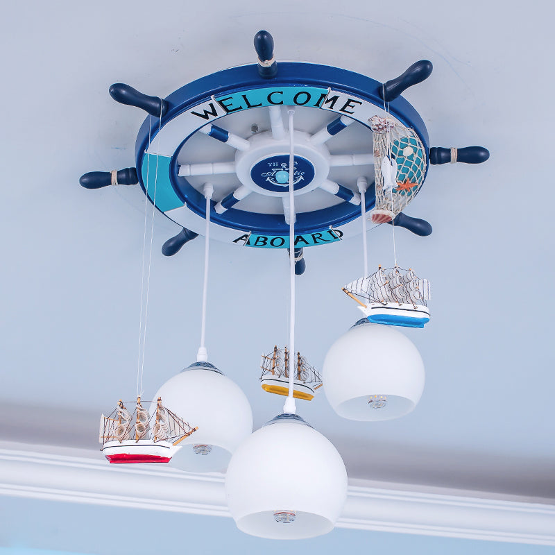 Globe Down Lighting Nautical Opaque Glass 3 Heads Nursery Multiple Lamp Pendant with Rudder Canopy in White Blue Clearhalo 'Ceiling Lights' 'Close To Ceiling Lights' 'Glass shade' 'Glass' 'Pendant Lights' 'Pendants' Lighting' 1907763