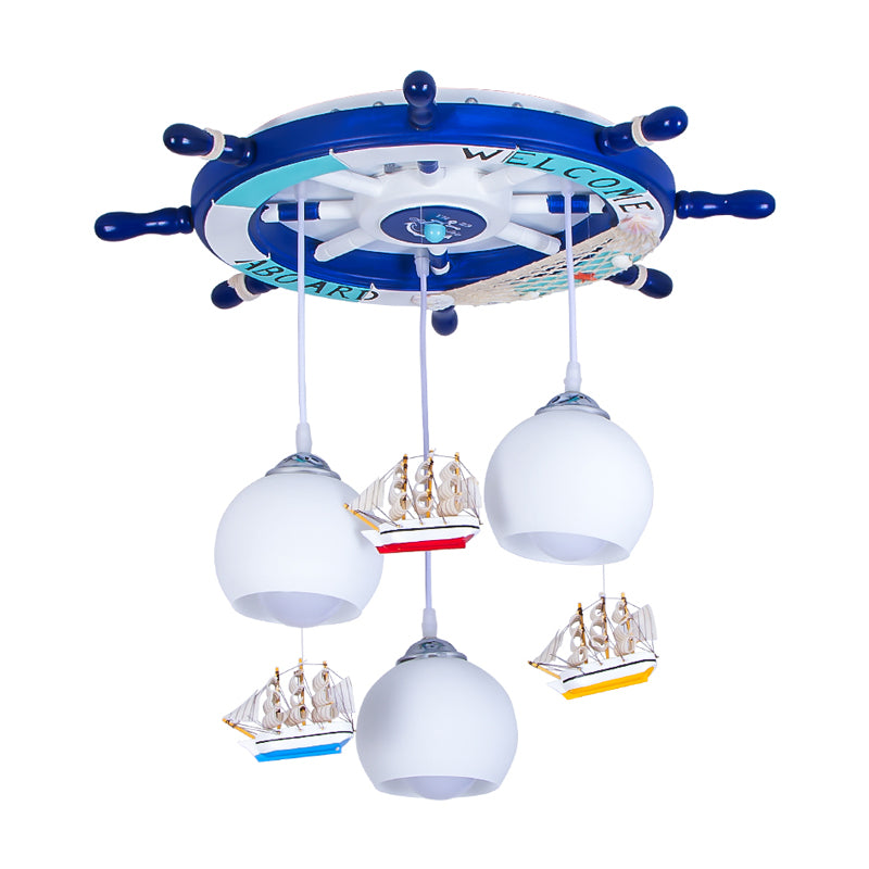 Globe Down Lighting Nautical Opaque Glass 3 Heads Nursery Multiple Lamp Pendant with Rudder Canopy in White Clearhalo 'Ceiling Lights' 'Close To Ceiling Lights' 'Glass shade' 'Glass' 'Pendant Lights' 'Pendants' Lighting' 1907765