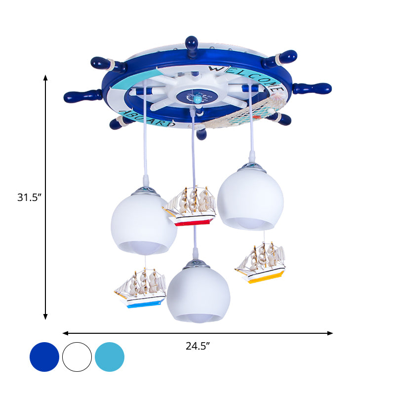Globe Down Lighting Nautical Opaque Glass 3 Heads Nursery Multiple Lamp Pendant with Rudder Canopy in White Clearhalo 'Ceiling Lights' 'Close To Ceiling Lights' 'Glass shade' 'Glass' 'Pendant Lights' 'Pendants' Lighting' 1907766