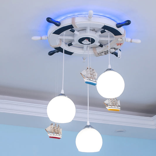Globe Down Lighting Nautical Opaque Glass 3 Heads Nursery Multiple Lamp Pendant with Rudder Canopy in White White Clearhalo 'Ceiling Lights' 'Close To Ceiling Lights' 'Glass shade' 'Glass' 'Pendant Lights' 'Pendants' Lighting' 1907767