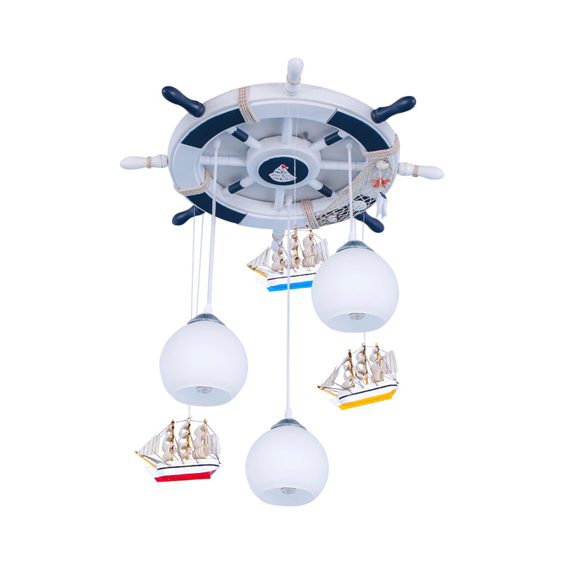 Globe Down Lighting Nautical Opaque Glass 3 Heads Nursery Multiple Lamp Pendant with Rudder Canopy in White Clearhalo 'Ceiling Lights' 'Close To Ceiling Lights' 'Glass shade' 'Glass' 'Pendant Lights' 'Pendants' Lighting' 1907770