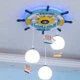 Globe Down Lighting Nautical Opaque Glass 3 Heads Nursery Multiple Lamp Pendant with Rudder Canopy in White Clearhalo 'Ceiling Lights' 'Close To Ceiling Lights' 'Glass shade' 'Glass' 'Pendant Lights' 'Pendants' Lighting' 1907773