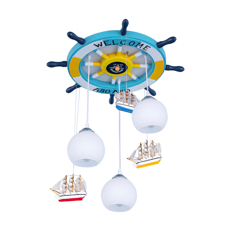 Globe Down Lighting Nautical Opaque Glass 3 Heads Nursery Multiple Lamp Pendant with Rudder Canopy in White Clearhalo 'Ceiling Lights' 'Close To Ceiling Lights' 'Glass shade' 'Glass' 'Pendant Lights' 'Pendants' Lighting' 1907774
