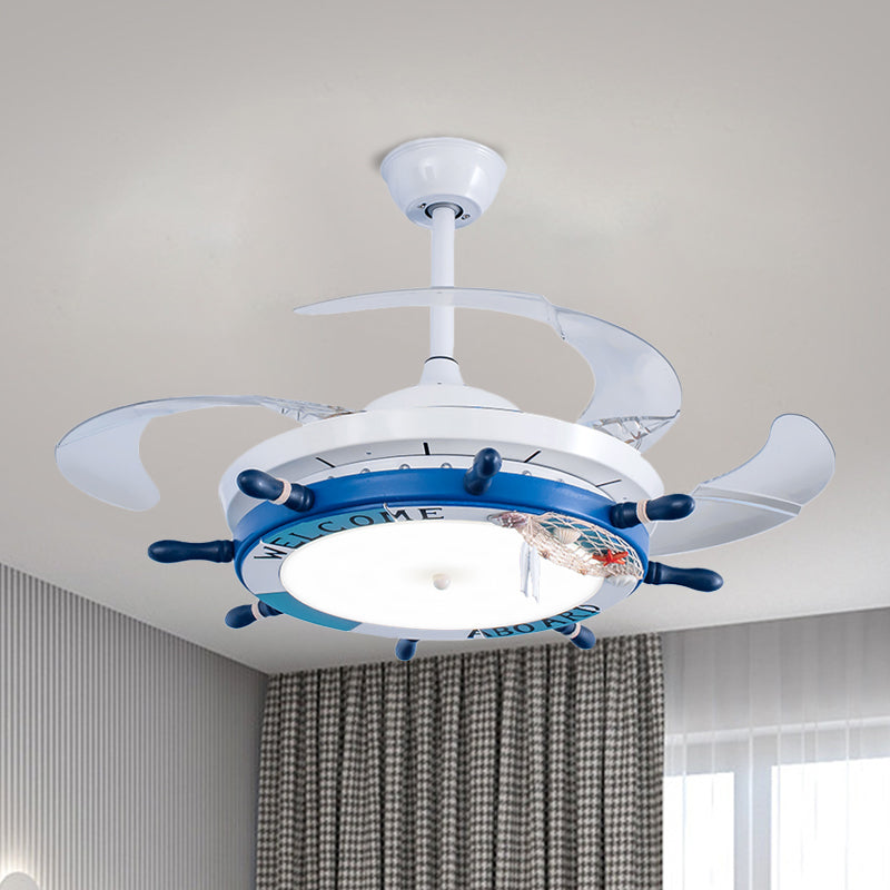 24.5" Wide Wood Rudder Semi Flush Lamp Cartoon Blue/Light Blue LED Pendant Fan Lighting with 3 Clear Blades Clearhalo 'Ceiling Fans with Lights' 'Ceiling Fans' 'Kids Ceiling Fans' 'Kids' Lighting' 1907776