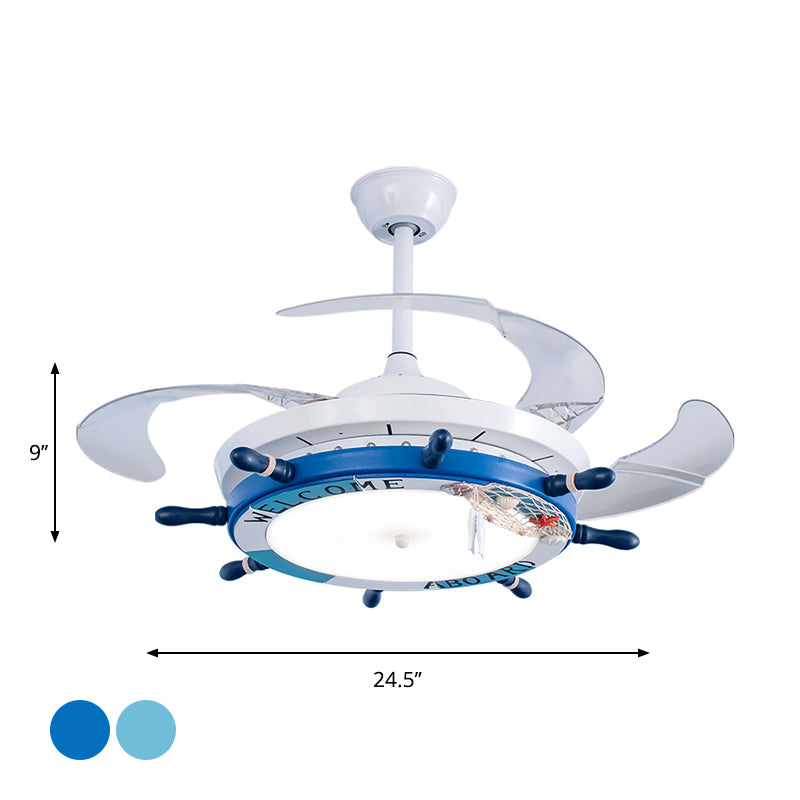 24.5" Wide Wood Rudder Semi Flush Lamp Cartoon Blue/Light Blue LED Pendant Fan Lighting with 3 Clear Blades Clearhalo 'Ceiling Fans with Lights' 'Ceiling Fans' 'Kids Ceiling Fans' 'Kids' Lighting' 1907778