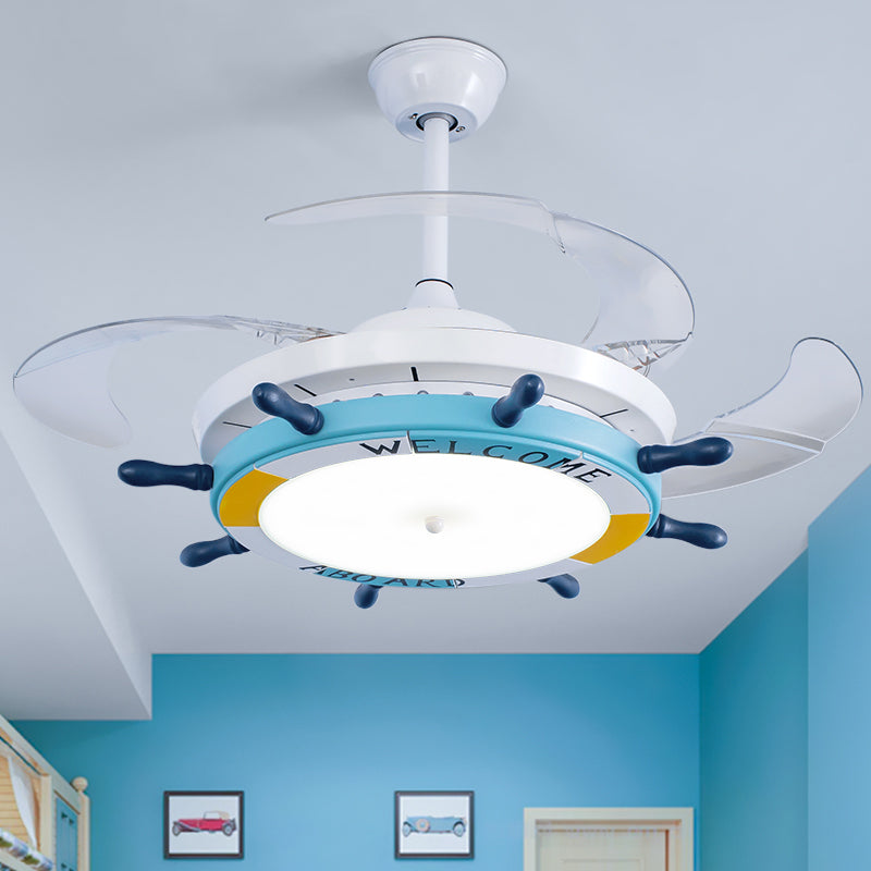 24.5" Wide Wood Rudder Semi Flush Lamp Cartoon Blue/Light Blue LED Pendant Fan Lighting with 3 Clear Blades Light Blue Clearhalo 'Ceiling Fans with Lights' 'Ceiling Fans' 'Kids Ceiling Fans' 'Kids' Lighting' 1907779