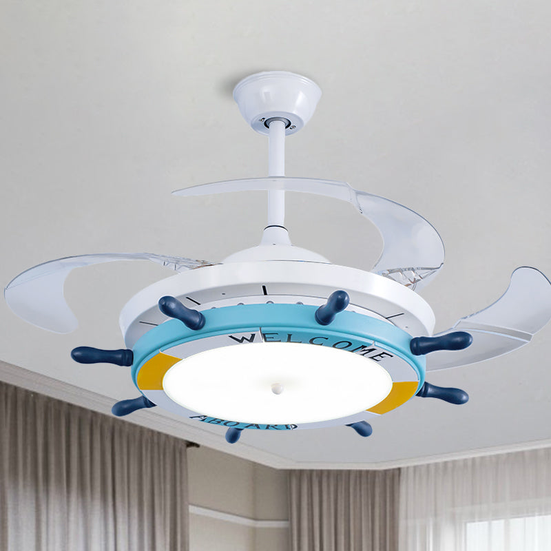 24.5" Wide Wood Rudder Semi Flush Lamp Cartoon Blue/Light Blue LED Pendant Fan Lighting with 3 Clear Blades Clearhalo 'Ceiling Fans with Lights' 'Ceiling Fans' 'Kids Ceiling Fans' 'Kids' Lighting' 1907780