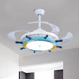 24.5" Wide Wood Rudder Semi Flush Lamp Cartoon Blue/Light Blue LED Pendant Fan Lighting with 3 Clear Blades Clearhalo 'Ceiling Fans with Lights' 'Ceiling Fans' 'Kids Ceiling Fans' 'Kids' Lighting' 1907781