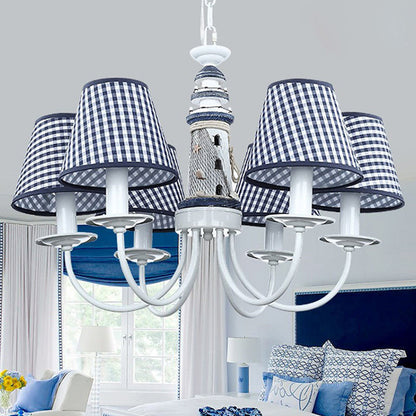 Blue Conic Ceiling Suspension Lamp Modernist 6 Bulbs Fabric Hanging Chandelier with Lighthouse Column Design Blue Clearhalo 'Ceiling Lights' 'Chandeliers' Lighting' options 1907783_68adba43-565a-4e0c-bed8-be70cc518f60