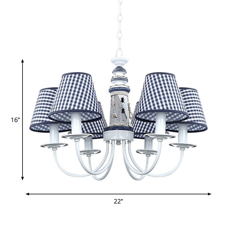 Blue Conic Ceiling Suspension Lamp Modernist 6 Bulbs Fabric Hanging Chandelier with Lighthouse Column Design Clearhalo 'Ceiling Lights' 'Chandeliers' Lighting' options 1907786