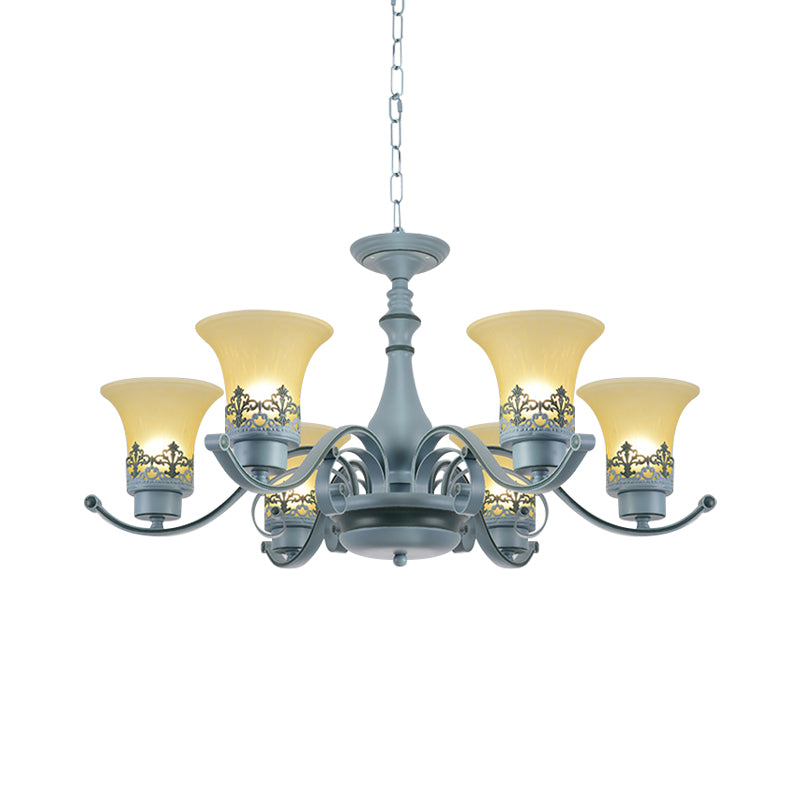 Nordic Flared Chandelier Lighting Amber Glass 6-Light Living Room Hanging Ceiling Lamp with Curvy Arm in Blue Clearhalo 'Ceiling Lights' 'Chandeliers' Lighting' options 1907789
