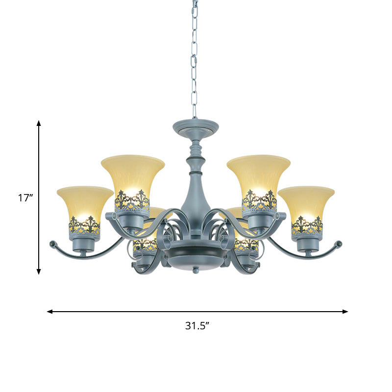 Nordic Flared Chandelier Lighting Amber Glass 6-Light Living Room Hanging Ceiling Lamp with Curvy Arm in Blue Clearhalo 'Ceiling Lights' 'Chandeliers' Lighting' options 1907790