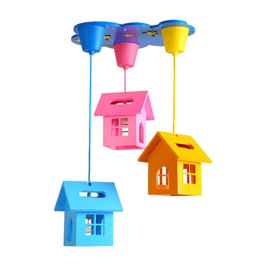 Houselet Playing Room Multi Pendant Wood 3 Bulbs Kids Style Ceiling Suspension Lamp in Blue-Pink-Yellow Clearhalo 'Ceiling Lights' 'Close To Ceiling Lights' 'Glass shade' 'Glass' 'Pendant Lights' 'Pendants' Lighting' 1908201