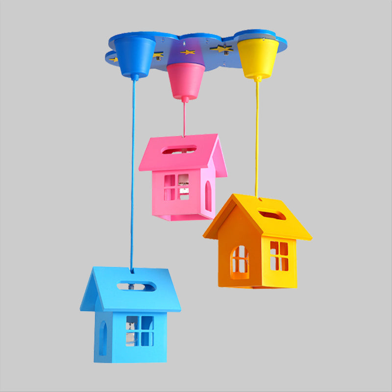 Houselet Playing Room Multi Pendant Wood 3 Bulbs Kids Style Ceiling Suspension Lamp in Blue-Pink-Yellow Clearhalo 'Ceiling Lights' 'Close To Ceiling Lights' 'Glass shade' 'Glass' 'Pendant Lights' 'Pendants' Lighting' 1908202