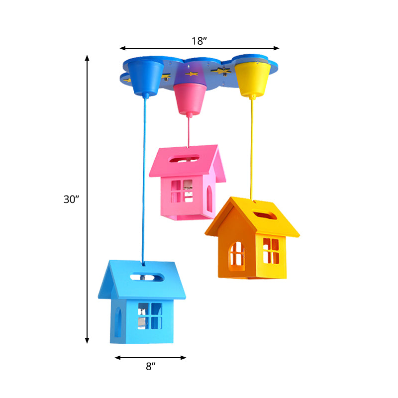 Houselet Playing Room Multi Pendant Wood 3 Bulbs Kids Style Ceiling Suspension Lamp in Blue-Pink-Yellow Clearhalo 'Ceiling Lights' 'Close To Ceiling Lights' 'Glass shade' 'Glass' 'Pendant Lights' 'Pendants' Lighting' 1908203