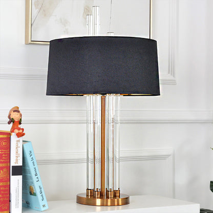 Fabric Black Table Light Round 1 Light Traditional Nightstand Lighting with Clear Glass Column Base Black Clearhalo 'Lamps' 'Table Lamps' Lighting' 1908665