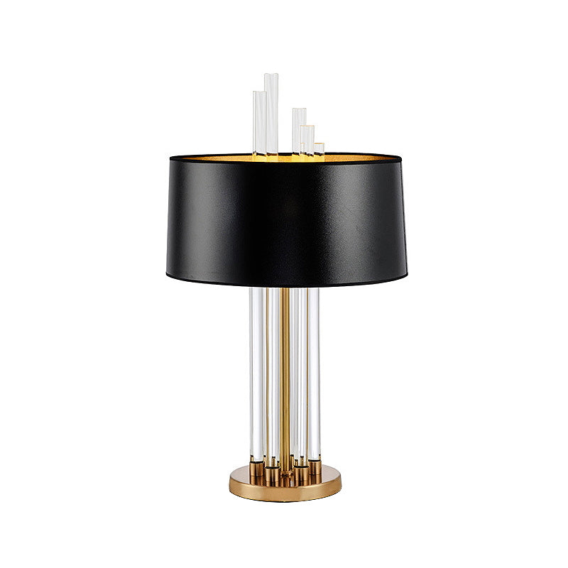Fabric Black Table Light Round 1 Light Traditional Nightstand Lighting with Clear Glass Column Base Clearhalo 'Lamps' 'Table Lamps' Lighting' 1908667