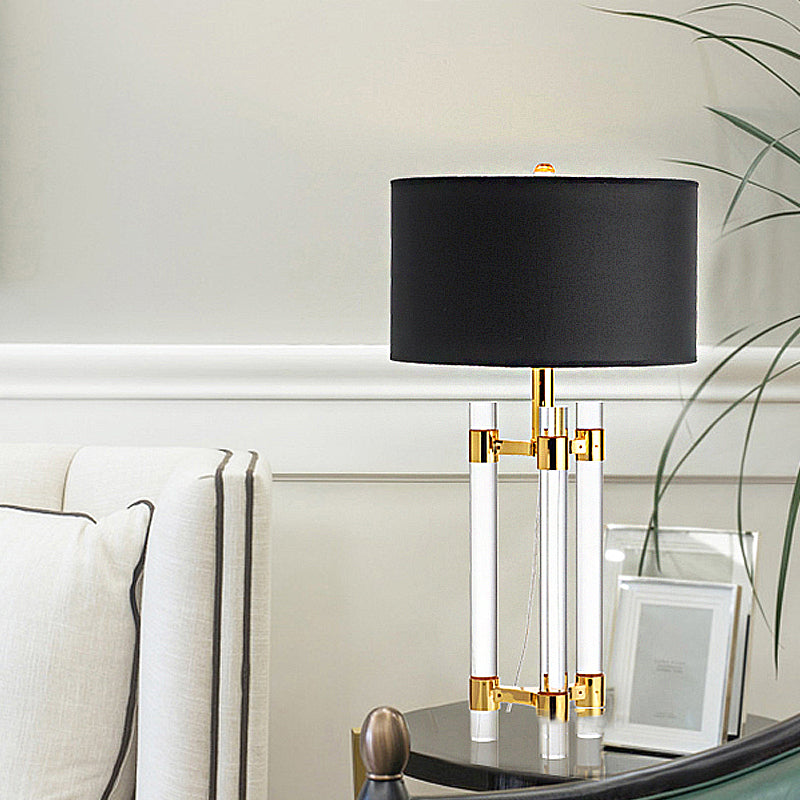 Drum Fabric Table Lighting Countryside 1-Light Bedroom Night Light in Black with Crystal Rod Clearhalo 'Lamps' 'Table Lamps' Lighting' 1908675