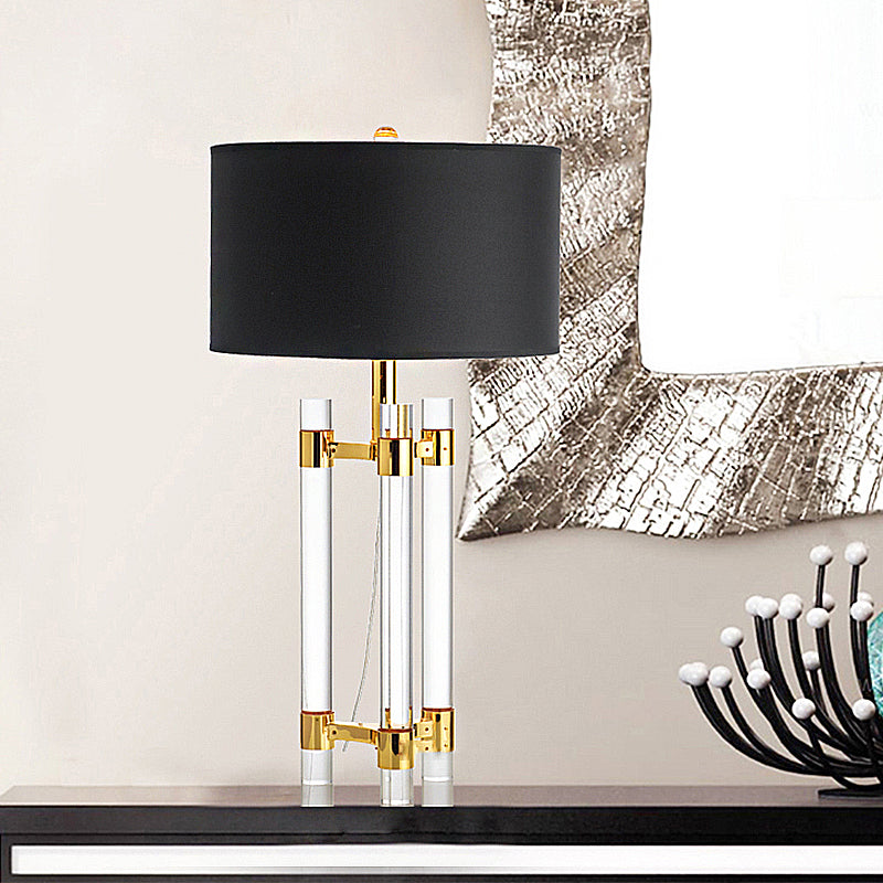 Drum Fabric Table Lighting Countryside 1-Light Bedroom Night Light in Black with Crystal Rod Black Clearhalo 'Lamps' 'Table Lamps' Lighting' 1908676