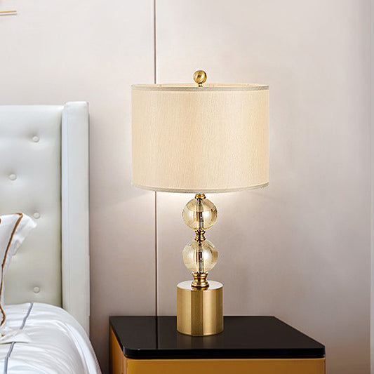 1 Head Night Lamp Classic Bedroom Crystal Nightstand Light with Round Fabric Shade in Brass Clearhalo 'Lamps' 'Table Lamps' Lighting' 1908682