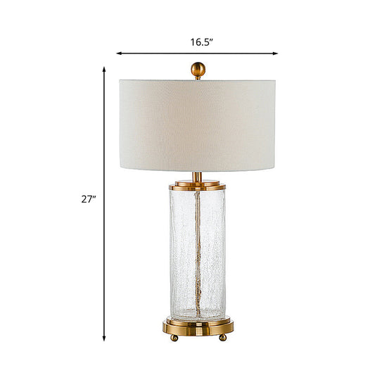 White Round Night Table Lamp Classic Fabric 1-Light Bedroom Nightstand Light with Clear Crackle Glass Cylinder Base Clearhalo 'Lamps' 'Table Lamps' Lighting' 1908704
