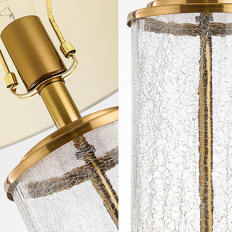 White Round Night Table Lamp Classic Fabric 1-Light Bedroom Nightstand Light with Clear Crackle Glass Cylinder Base Clearhalo 'Lamps' 'Table Lamps' Lighting' 1908705