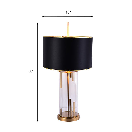 Traditional Drum Shape Night Light 1 Bulb Fabric Night Table Lamp in Black with Cylinder Clear Glass Base Clearhalo 'Lamps' 'Table Lamps' Lighting' 1908709