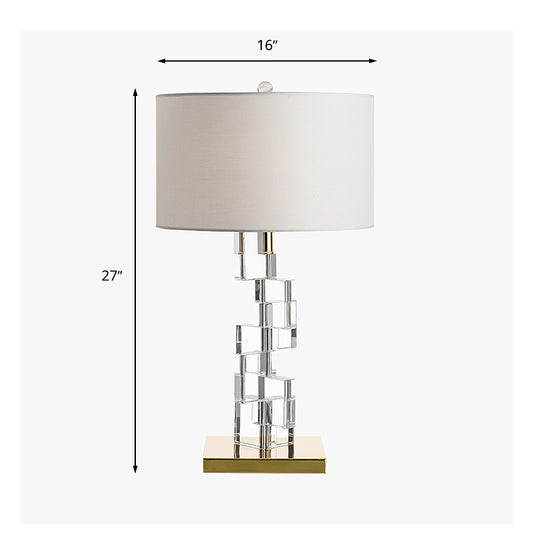 Fabric White Table Light Drum 1 Bulb Traditional Nightstand Lamp with Dislocated Clear Glass Block Deco Clearhalo 'Lamps' 'Table Lamps' Lighting' 1908724