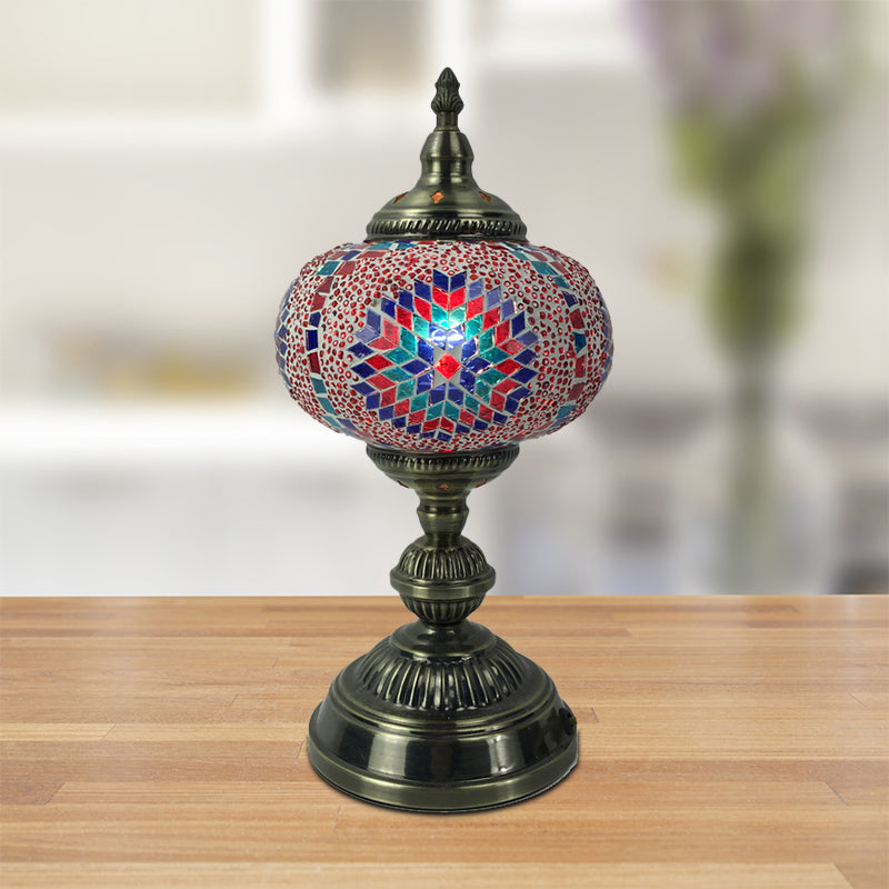 1 Head Bedroom Table Lamp Vintage Bronze Task Lighting with Spherical Red/Blue/Multi-Color Glass Shade Clearhalo 'Lamps' 'Table Lamps' Lighting' 1908764