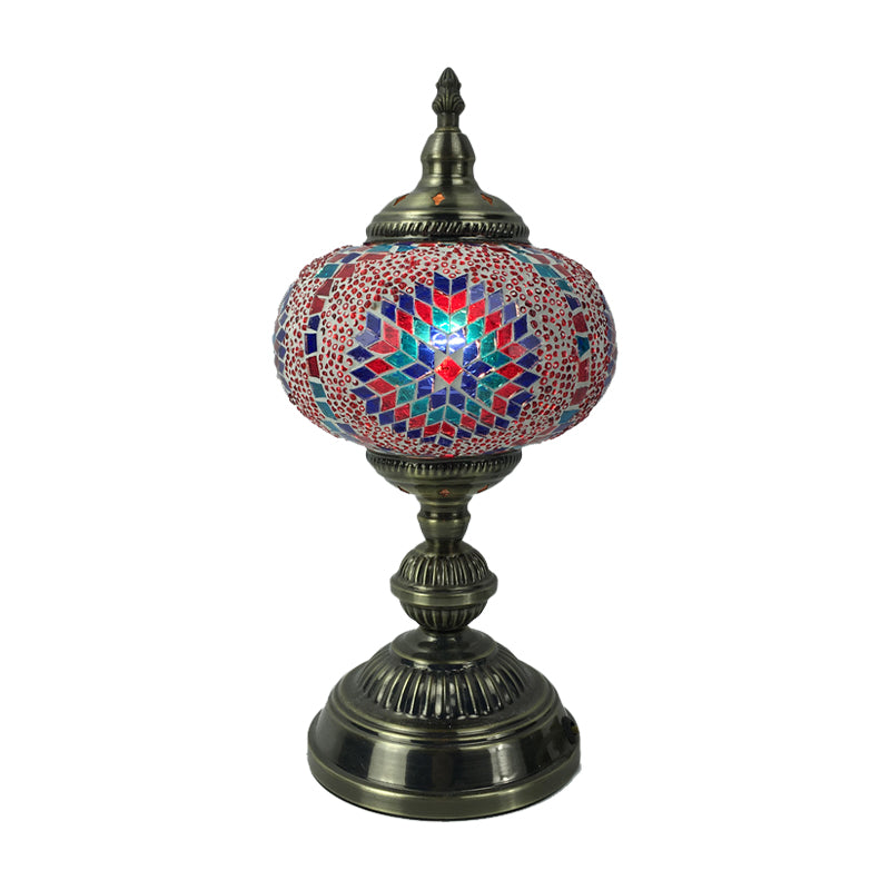 1 Head Bedroom Table Lamp Vintage Bronze Task Lighting with Spherical Red/Blue/Multi-Color Glass Shade Clearhalo 'Lamps' 'Table Lamps' Lighting' 1908766