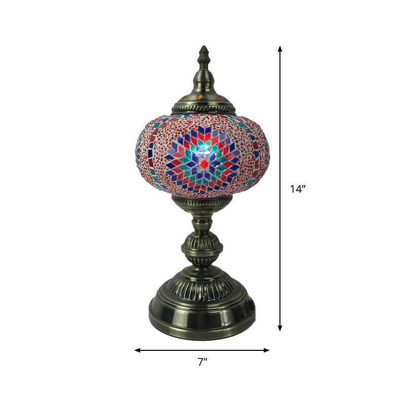 1 Head Bedroom Table Lamp Vintage Bronze Task Lighting with Spherical Red/Blue/Multi-Color Glass Shade Clearhalo 'Lamps' 'Table Lamps' Lighting' 1908767