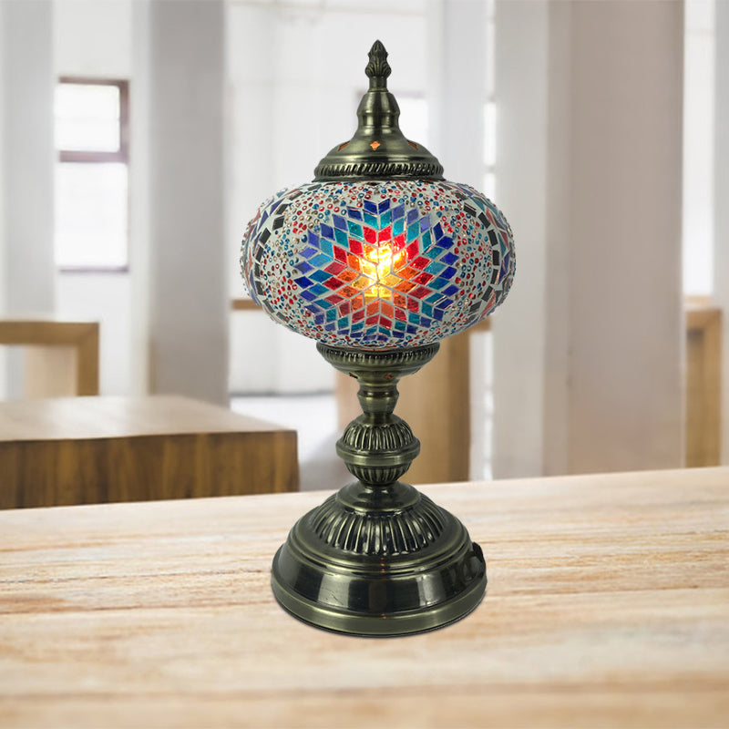 1 Head Bedroom Table Lamp Vintage Bronze Task Lighting with Spherical Red/Blue/Multi-Color Glass Shade Clearhalo 'Lamps' 'Table Lamps' Lighting' 1908769