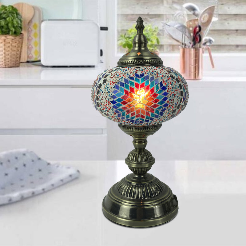 1 Head Bedroom Table Lamp Vintage Bronze Task Lighting with Spherical Red/Blue/Multi-Color Glass Shade Clearhalo 'Lamps' 'Table Lamps' Lighting' 1908770