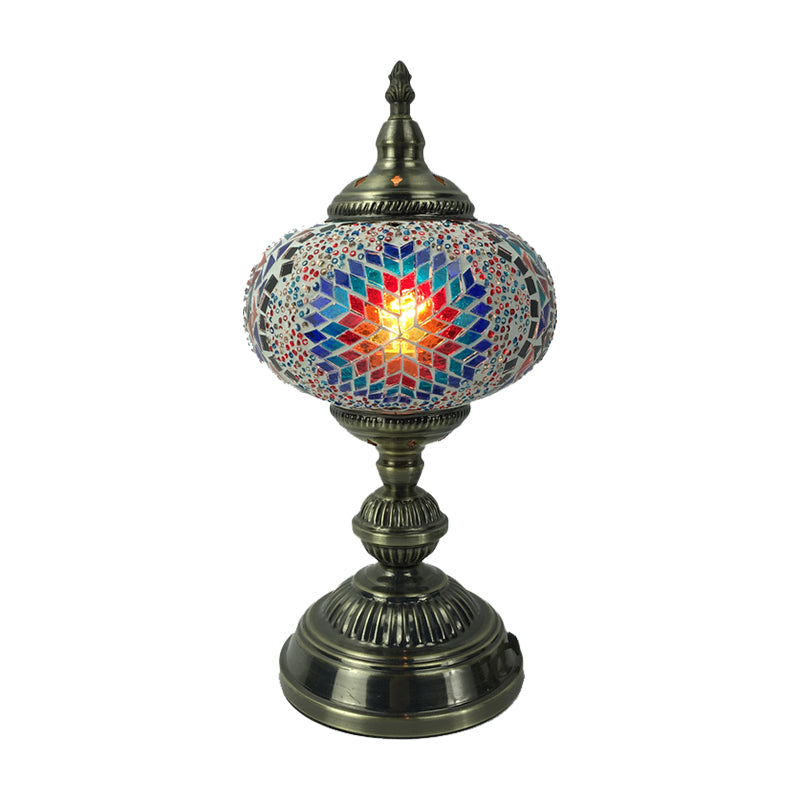 1 Head Bedroom Table Lamp Vintage Bronze Task Lighting with Spherical Red/Blue/Multi-Color Glass Shade Clearhalo 'Lamps' 'Table Lamps' Lighting' 1908771