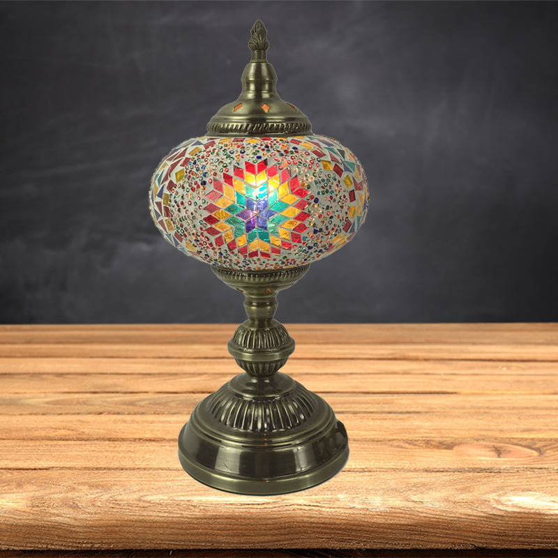 1 Head Bedroom Table Lamp Vintage Bronze Task Lighting with Spherical Red/Blue/Multi-Color Glass Shade Clearhalo 'Lamps' 'Table Lamps' Lighting' 1908774