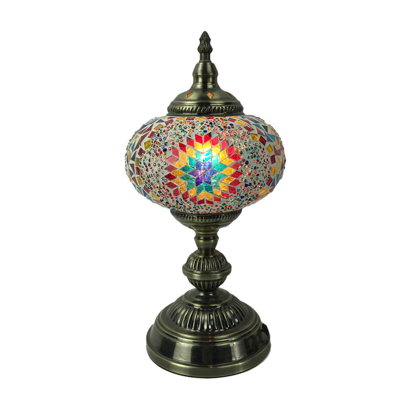 1 Head Bedroom Table Lamp Vintage Bronze Task Lighting with Spherical Red/Blue/Multi-Color Glass Shade Clearhalo 'Lamps' 'Table Lamps' Lighting' 1908775
