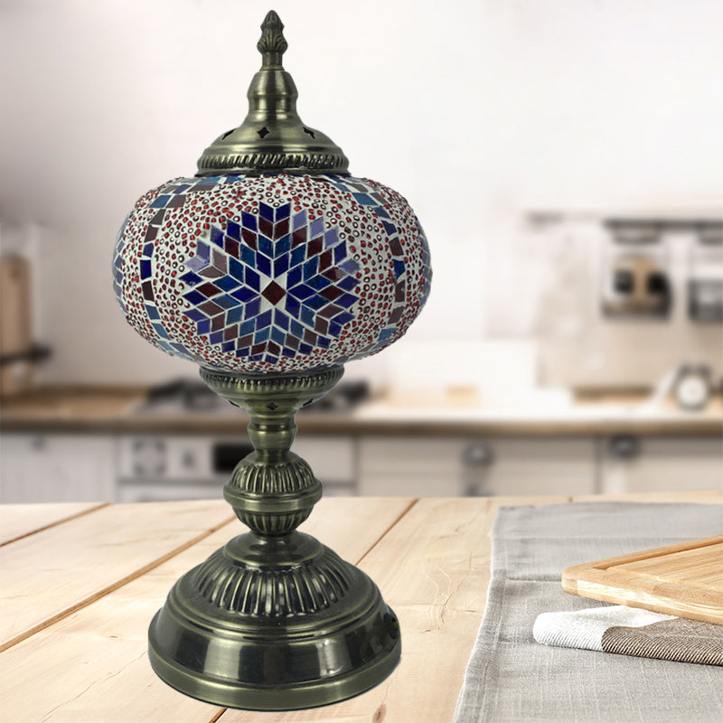 1 Head Bedroom Table Lamp Vintage Bronze Task Lighting with Spherical Red/Blue/Multi-Color Glass Shade Clearhalo 'Lamps' 'Table Lamps' Lighting' 1908777