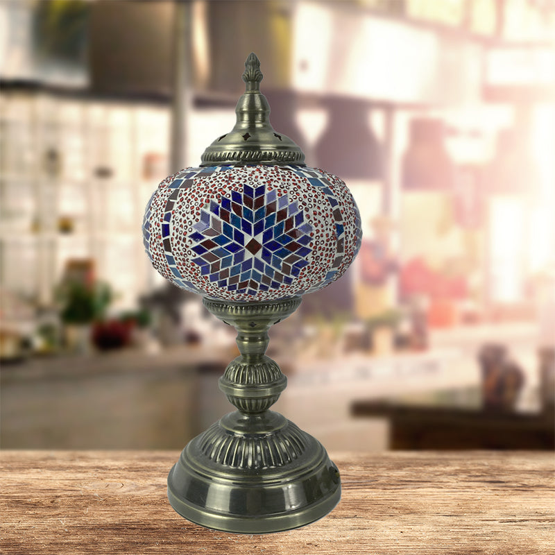 1 Head Bedroom Table Lamp Vintage Bronze Task Lighting with Spherical Red/Blue/Multi-Color Glass Shade Clearhalo 'Lamps' 'Table Lamps' Lighting' 1908778