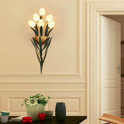 Rural Lily Bouquet Wall Lamp Kit 6/10 Heads White/Purple Glass Sconce Light Fixture for Dining Room 6.0 White Clearhalo 'Wall Lamps & Sconces' 'Wall Lights' Lighting' 1908822