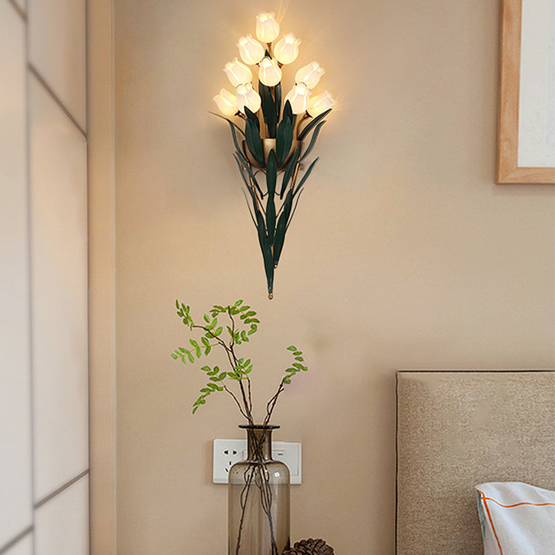 Rural Lily Bouquet Wall Lamp Kit 6/10 Heads White/Purple Glass Sconce Light Fixture for Dining Room 10.0 White Clearhalo 'Wall Lamps & Sconces' 'Wall Lights' Lighting' 1908824